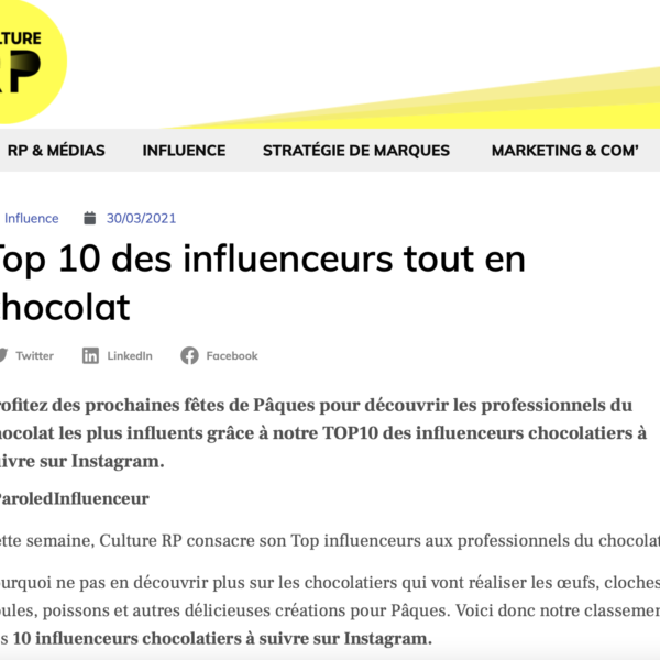 Culture RP - Top 10 des influenceurs tout en chocolat